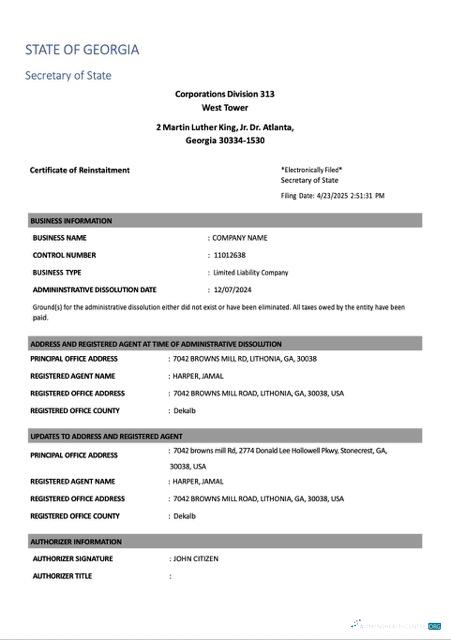 USA Georgia certificate of reinstatement Word and PDF template, version 2